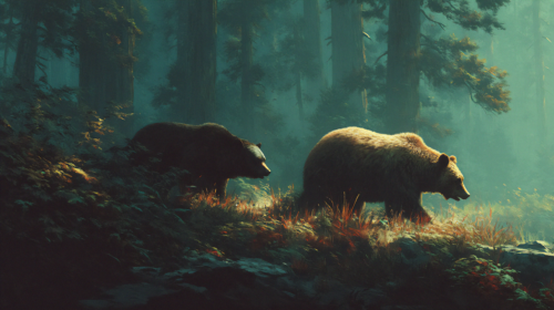 Side-by-side visual comparison of black bear and grizzly bear in forest setting