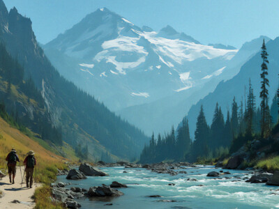 Hikers on Carbon River trail with Mount Rainier in background
