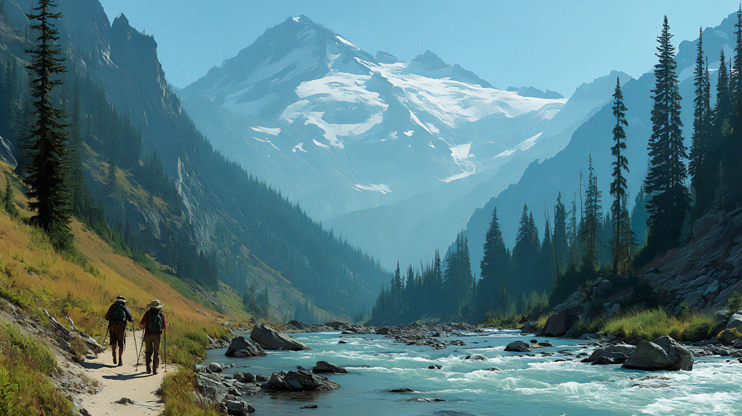 Hikers on Carbon River trail with Mount Rainier in background