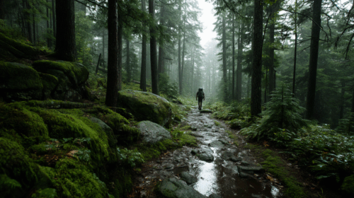Hiker in water-resistant boots on a misty forest trail