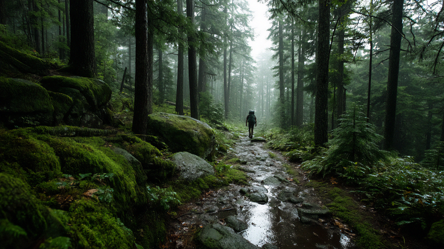 Hiker in water-resistant boots on a misty forest trail