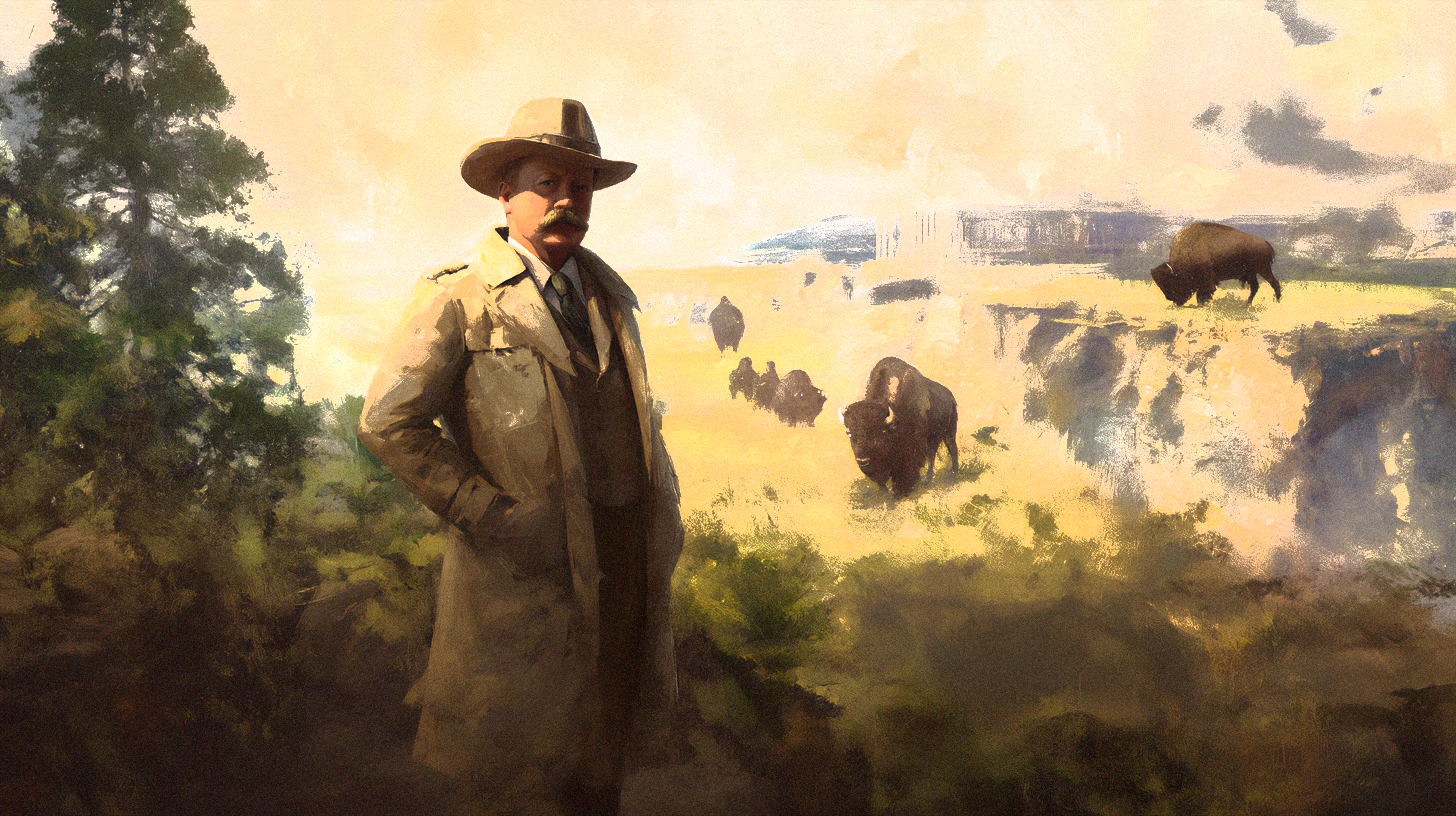 Theodore Roosevelt overlooks preserved American wilderness with bison and cliffs