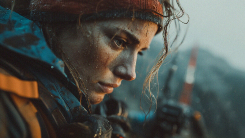 Meteorologist studies weather data in rugged mountain storm conditions