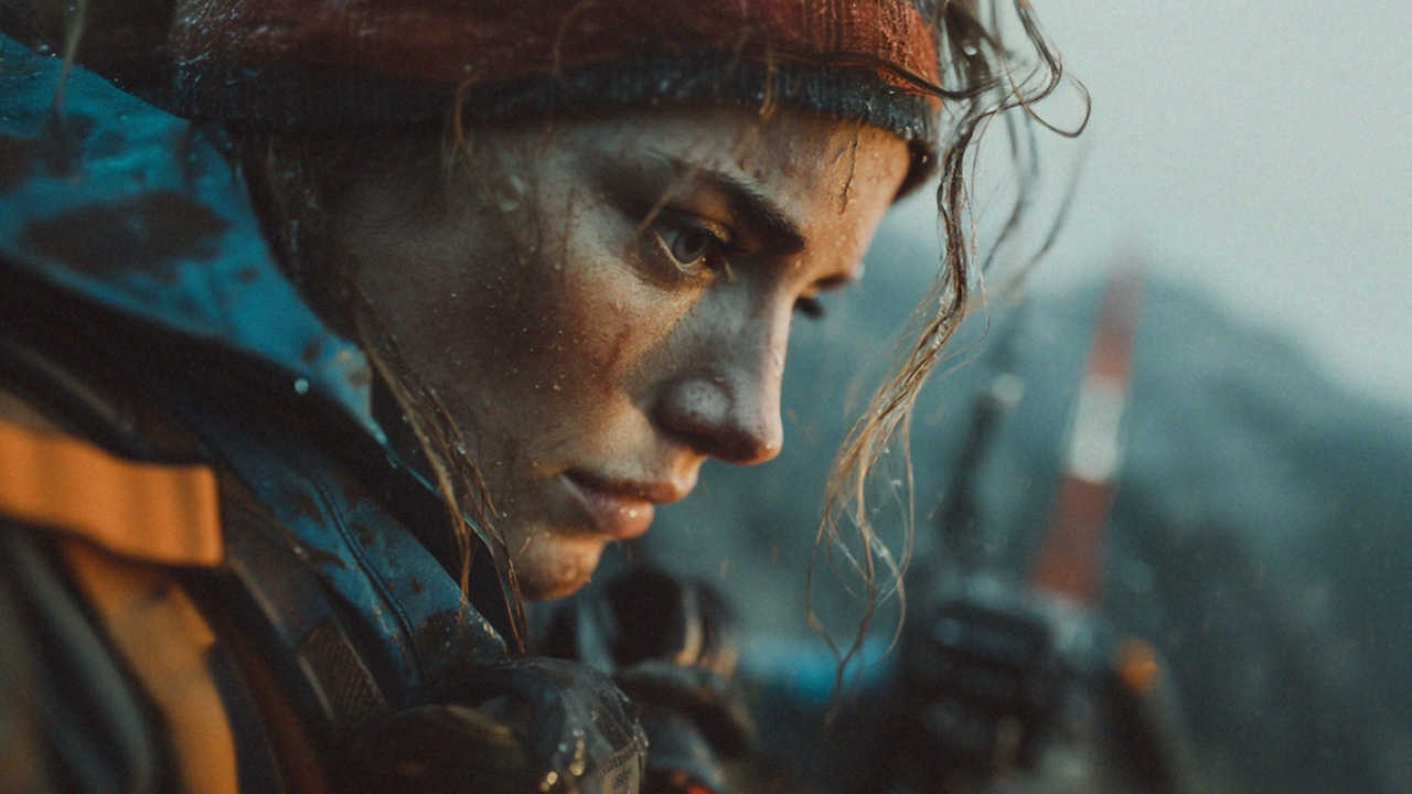 Meteorologist studies weather data in rugged mountain storm conditions