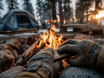 Person safely building a campfire at dusk with proper safety equipment nearby