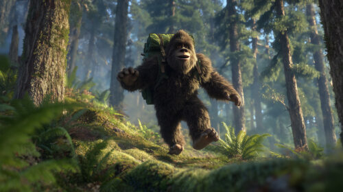 Yomp the Bigfoot tripping over a forest root with a goofy grin, golden light through pine trees