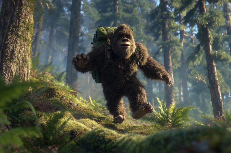 Yomp the Bigfoot tripping over a forest root with a goofy grin, golden light through pine trees